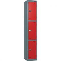 Grey/red 3-door metal locker - 1800x300x450mm - cam lock