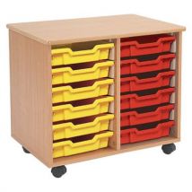 12 tray wooden storage unit including yellow & red trays