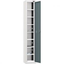 White/grey 1 door 8 tier powered tablet locker - 3-pin plug