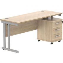 Oak/silver 1600x600 desk - 2 uprights - mobile 3-drawer unit