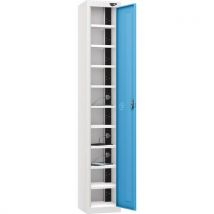 White/blue 1 door 10 tier powered tablet locker - 3-pin plug
