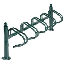 New york bicycle rack with a round metal frame painted green 5 bikes