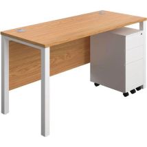 Oak/white goal post 1400x600 desk - slim 3-drawer pedestal