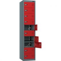 Grey/red powered laptop locker - 10 doors - 3-pin plug