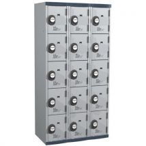Single-piece locker with 3 columns of 5 compartments h1800 x w900 x d500 keypad lock light grey