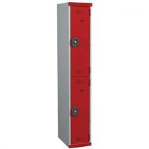 Single-piece locker with 1 column of 2 compartments h1800 x w300 x d500 key lock light grey/red