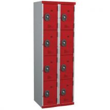 Single-piece locker with 2 columns of 4 compartments h1800 x w600 x d500 key lock light grey/red