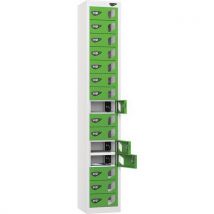 White/green powered tablet locker - 15 vision doors - 2 usbs