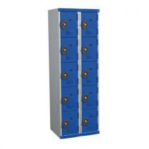 Single-piece locker with 2 columns of 5 compartments h1800 x w600 x d500 key lock light grey/blue