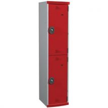 Single-piece locker with 1 column of 2 compartments h1800 x w400 x d500 key lock light grey/red