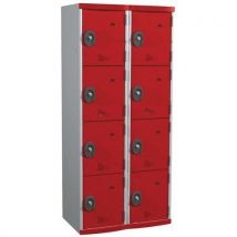 Single-piece locker with 2 columns of 4 compartments h1800 x w800 x d500 key lock light grey/red