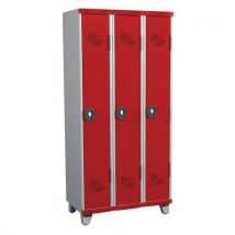 One-piece clean industry locker on feet 3 columns w900xh1915xd500 with padlock grey/red