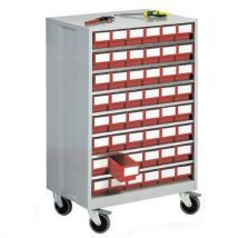 Mobile high density storage cabinet with 48 red drawers