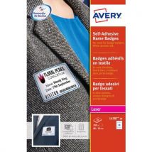 White textile self-adhesive badge with blue border 80x50 mm