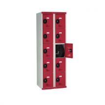 Single-piece locker with 2 columns of 5 compartments h1800 x w600 x d500 key lock light grey/red