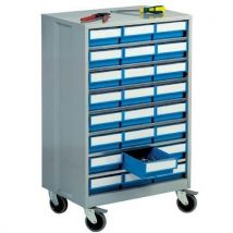Mobile high density storage cabinet with 24 blue drawers
