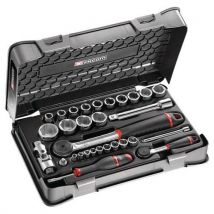 Case of assorted ratchets and sockets 1/4 and 1/2