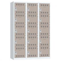 Svařovaná šatní skříň Vinco, 3 sloupce, 15 boxů, 400 mm, cylindrický zámek, šedá/hnědá, Manutan