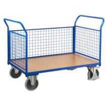 Variofit Plošinový vozík se dvěma madly s mřížovou výplní a boční stěnou, do 500 kg, 101,5 x 139 x 80 cm, modrý Manutan