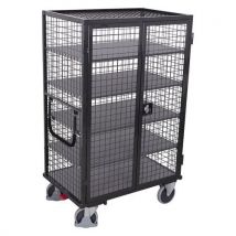 Variofit Vysoký klecový vozík s křídlovými dveřmi, 5 polic, do 500 kg, 131,5 x 83 x 181 cm, šedý, Manutan