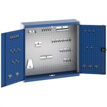 Závěsná skříňka Bott Cubio s držáky na nářadí a perfopanely, 100 x 105 x 32,5 cm, 40 držáků, šedá-modrá Manutan