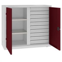 Malow Kovová dílenská skříň na nářadí se zásuvkami, 104 x 120 x 50 cm, 10 zásuvek, šedá/tm. červená Manutan