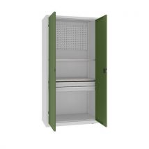 Malow Kovová dílenská skříň s perfopanelem, 199 x 100 x 50 cm, 2 zásuvky, šedá/zelená Manutan
