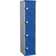 Svařovaná šatní skříň Acial, 1 sloupec, 4 boxy, 400 mm, kódový zámek, šedá/modrá Manutan