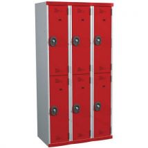 Svařovaná šatní skříň Acial, 3 sloupce, 6 boxů, 300 mm, cylindrický zámek, šedá/červená Manutan
