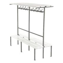 Banc vestiaire lattes PVC 2m double face - 16 patères - Assise PVC blanc - Structure acier argent - Idéal vestiaires professionnels