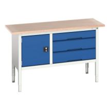 Bott - Établi monobloc réglable 1500x600mm - 3 tiroirs bleus - Charge 800kg - Plateau hêtre - Idéal atelier