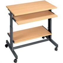Poste informatique mobile 70x50cm Hêtre/Gris - Hauteur réglable 64-91cm - 4 roulettes - Idéal télétravail