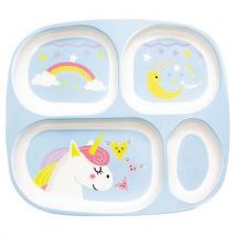 Plastorex - Plateau 4 Compartiments Mélamine Bleu Licorne - 24x21,5 cm - Lave-vaisselle - Idéal Repas Enfant