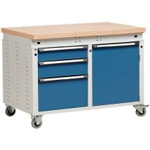 Kind - Servante mobile 1150mm 3 tiroirs 1 porte Hêtre multiplis - Charge 240kg - Gris/Bleu