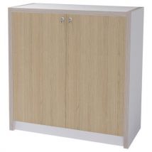 Enond Mobilier - Armoire basse Moyo 2 portes - Blanc/Chêne Vicenza - 118.7x112.6x47.6 cm - 4 tablettes - Livrée montée