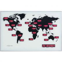 NeXtime - Horloge Murale Design World Time Digit - Verre Blanc Rectangulaire - Décoration Moderne