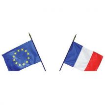 Pack Porte Drapeau 2 Branches + Drapeaux France/ue 60x90 Cm Hampe Bois