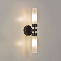Applique Sdb 2 Lumières Ronde En Métal. Abat-jour En Verre Opale Noir
