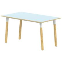 Table Carrée 80x80 cm Plateau Bleu Stratifié ABS Piétement Hêtre 4 Pieds Inclinés Usage Collectivité Garantie 10 Ans