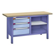 Établi compact hêtre 150x70x85cm 3 tiroirs Bleu - Charge 300kg, Plateau Hêtre Massif, Fermeture à clé, Idéal Atelier