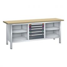 Établi compact hêtre 200x70x85 cm 5 tiroirs gris clair/anthracite - Charge 300kg - Plateau 50mm - Idéal atelier