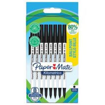 Papermate - Set van 8 Kilometrico balpennen met dop - Zwarte inkt - 80% gerecycled - Eco-verantwoordelijk