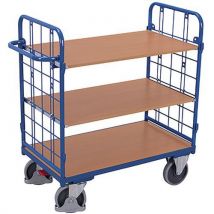 Variofit Wózek półkowy z uchwytem i bokami z siatki, do 400 kg, 3 półki, 118 x 103,5 x 52 cm, niebieski, Manutan