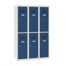 Niższa szafka szatniowa szkolna, 6 przedziałów, 300 mm, szara/ciemnoniebieska, zamek cylindryczny, Manutan