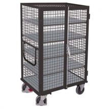 Variofit Wysoki wózek szafkowy zamykany na klucz z uchwytem i ściankami z siatki, do 500 kg, 5 półek, 181 x 111,5 x 81 cm, szary, Manutan