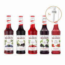Monin Syrup Pack Blackcurrant, Blackberry, Cranberry, Strawberry and Blueberry Syrups and 5 Bottle Pumps - 5 x 70cl - Dosing pump,Manufactured in 