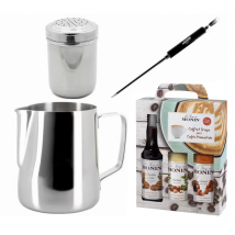 Sélection MaxiCoffee - Pack Latte Art Barista : Pichet en inox, Stylo, Saupoudreuse et sirops Monin
