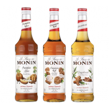 Monin Syrups and 1 Dosing Pump - Pumpkin Spice, Cinnamon Roll and Gingerbread - 3 x 70cl - Discovery pack