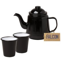 Falcon Enamelwear - Charcoal black enamel Tea set with teapot + 2 cups & Free tea