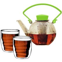 QDO - Tea4U glass teapot in green with infuser + 2 glasses & Free Tea